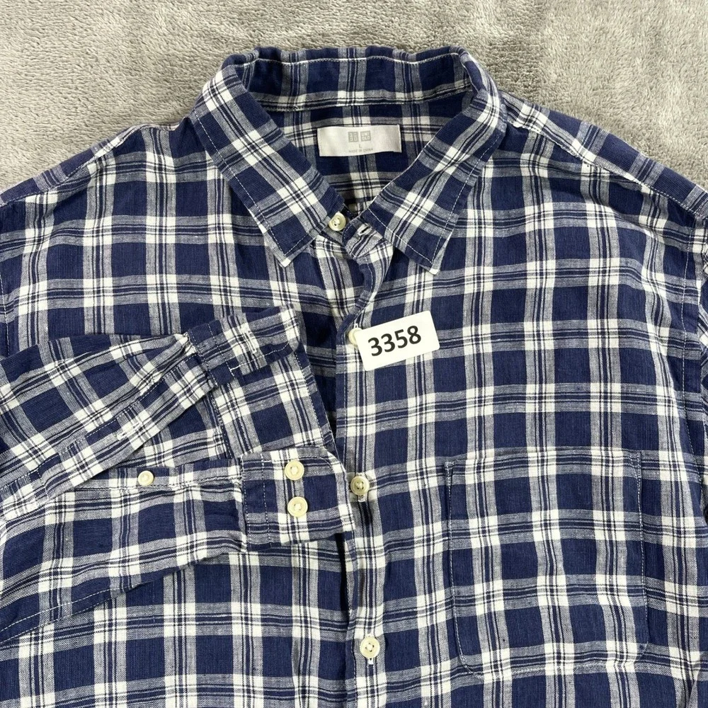 Uniqlo Button Up Shirt Mens Large Blue Plaid 100% Linen Long Sleeve Pocket‎